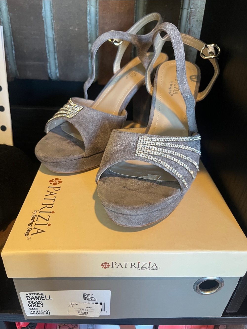 EUC- Patrizia Grey Suede Platform Sandal with Rhinestone Accent
